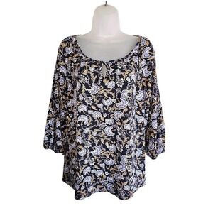 Garnet Hill Gathered Knit Artist Tee Sz XL Blue Floral Bohemian Quarter Sleeve